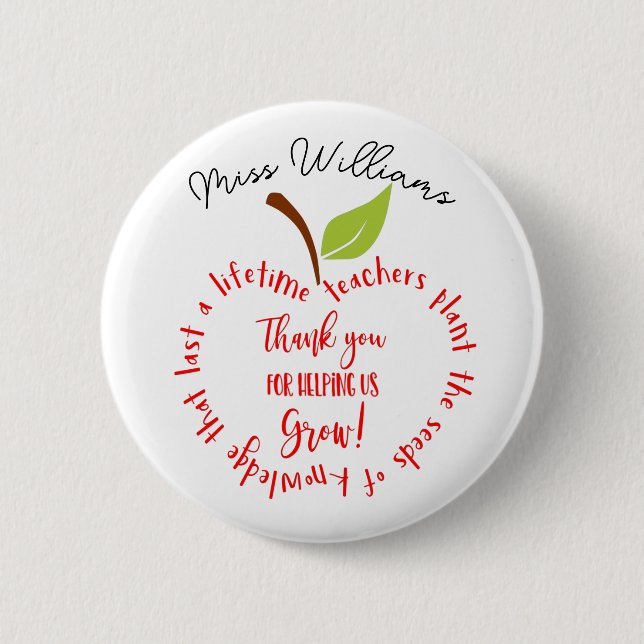 Apple thank you for helping us grow teacher 6 cm round badge (Front)