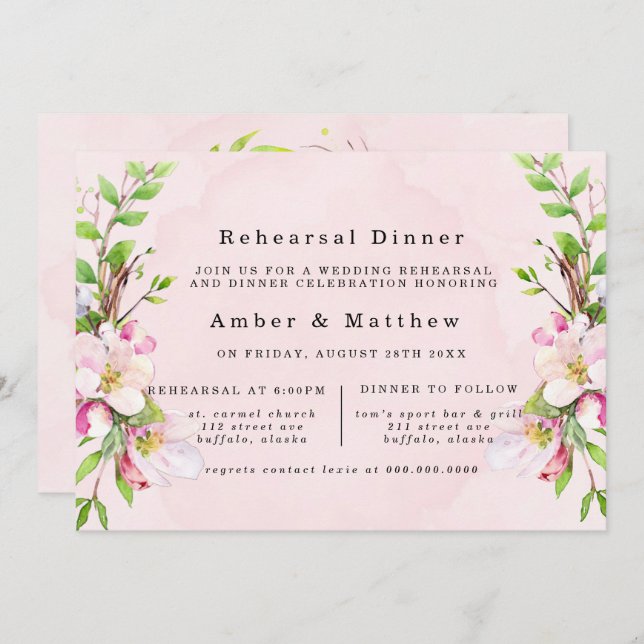 Apple Tree Blossoms Watercolor Rehearsal Dinner Invitation (Front/Back)
