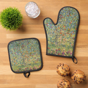 Apple Tree by Gustav Klimt, Vintage Art Nouveau Oven Mitt & Pot Holder Set