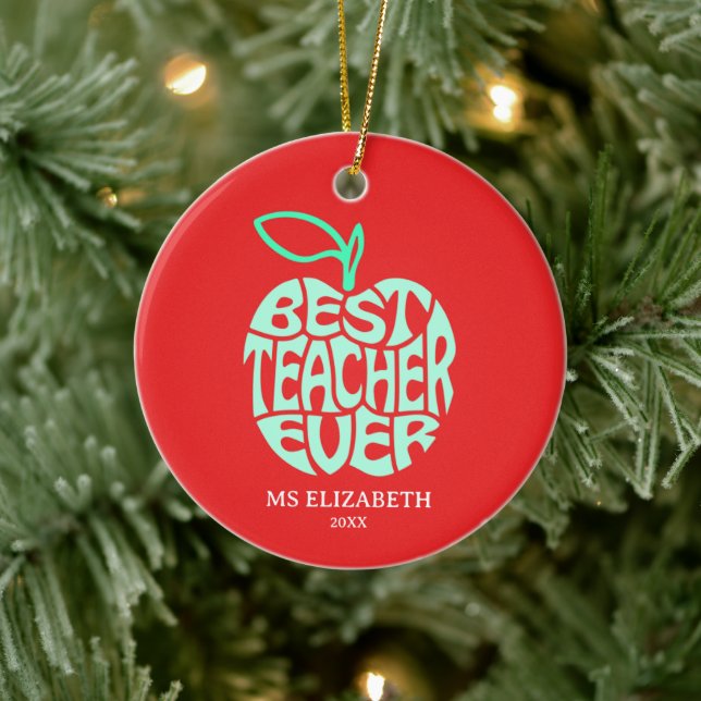 Apple Typography Christmas Best Teacher Ever  Ceramic Ornament (Tree)
