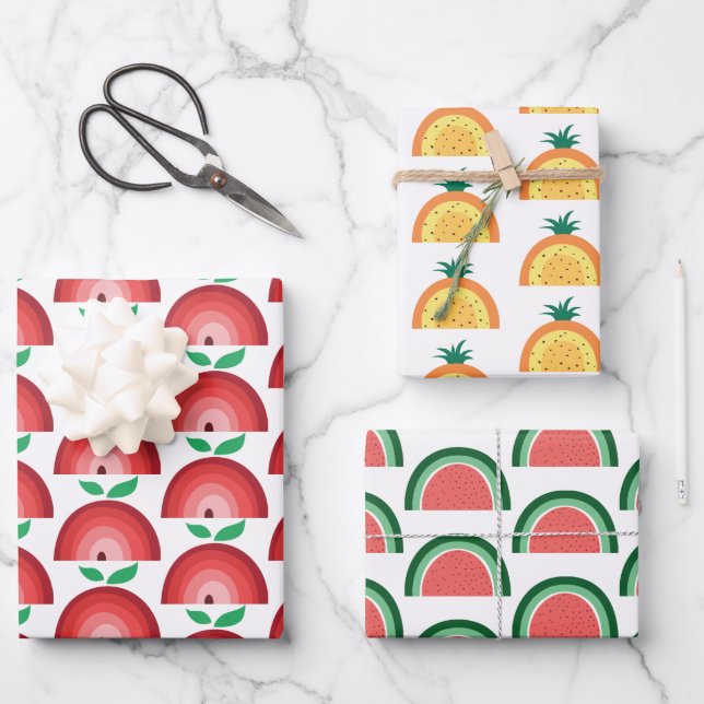 Apple, Watermelon, Pineapple Fruit Rainbows Wrapping Paper Sheet (Front)