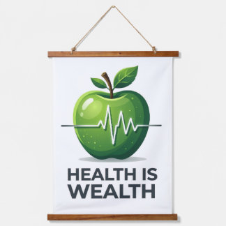 Apple with Heartbeat Pulse and Health is Wealth Hanging Tapestry