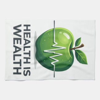 Apple with Heartbeat Pulse and Health is Wealth Tea Towel