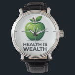 Apple with Heartbeat Pulse and Health is Wealth Watch<br><div class="desc">Promote a lifestyle of vitality with this striking "Health is Wealth" design. Featuring a vibrant green apple integrated with a white heartbeat pulse line, this modern minimalist graphic perfectly symbolizes the connection between nutrition and cardiovascular health. Whether you're a fitness enthusiast, a medical professional, or someone passionate about healthy living,...</div>