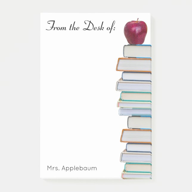 Apple with School Book Stack Teacher Name 4 x 6 Post-it Notes (Front)