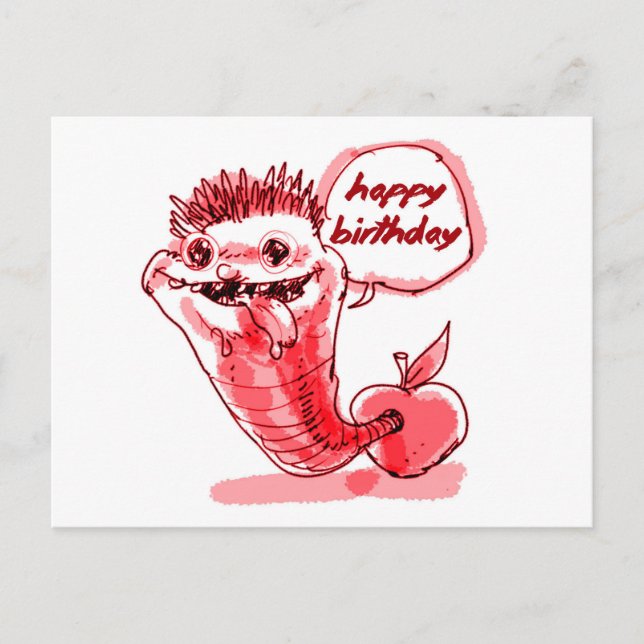 apple worm cartoon happy birthday postcard (Front)