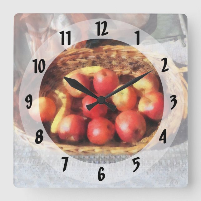 Apples and Bananas in Basket Square Wall Clock (Front)