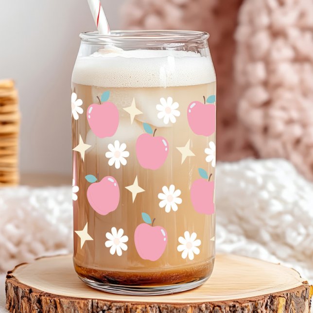 Apples and Daisies Can Glass (apples, daisies and sparkles cute retro 
glass can)