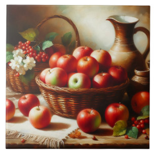 Apples Blossoms and Pottery Still Life Painting Ceramic Tile