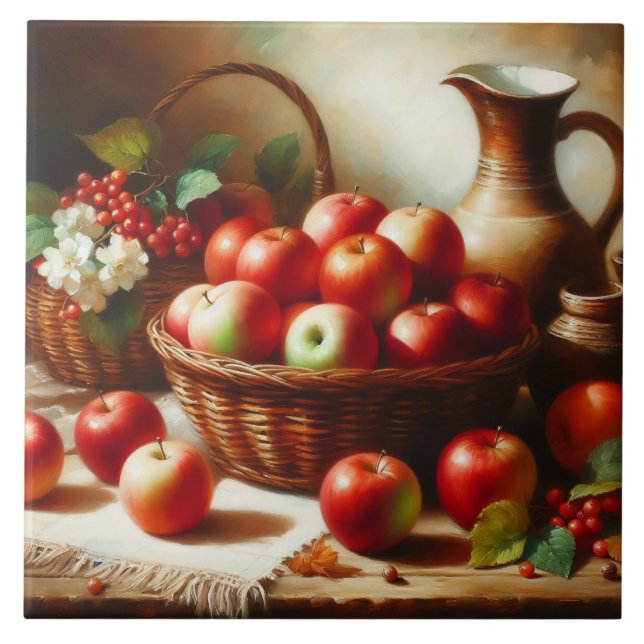 Apples Blossoms and Pottery Still Life Painting Ceramic Tile (Front)