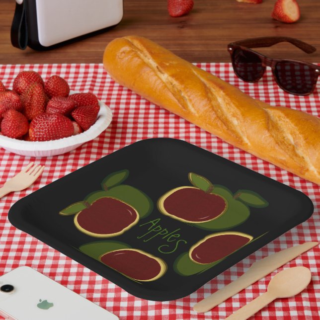  Apples Graphic Black Red Green Fruit Paper Plate (Picnic)