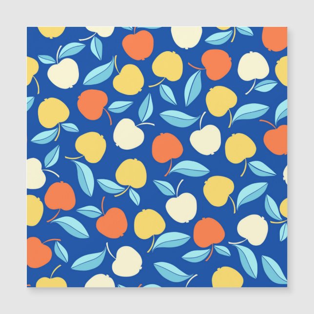 Apples leaves, blue background, seamless pattern. (Front)