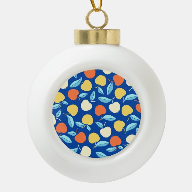 Apples leaves, blue background, seamless pattern. ceramic ball christmas ornament (Front)
