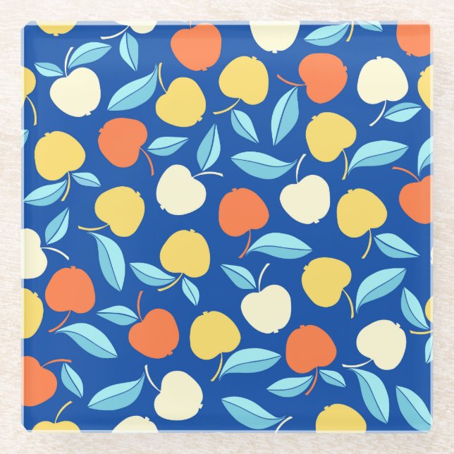 Apples leaves, blue background, seamless pattern. glass coaster (Front)