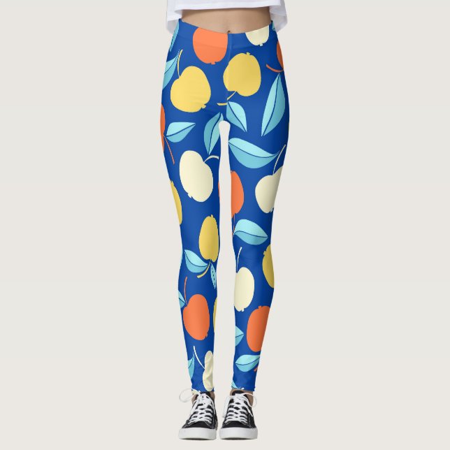 Apples leaves, blue background, seamless pattern. leggings (Front)