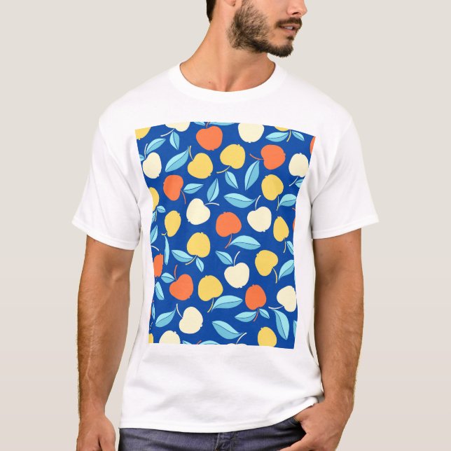 Apples leaves, blue background, seamless pattern. T-Shirt (Front)