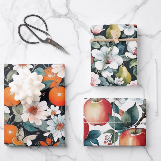 Apples Oranges Pears and Butterflies Fruit Pack Wrapping Paper Sheet (Front)