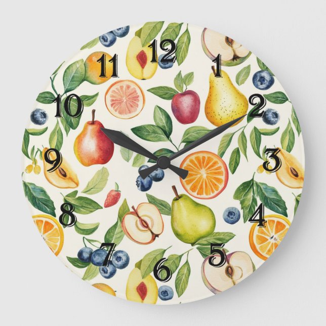 Apples Pears Blueberries Oranges Lemon Lime Fruits Large Clock (Front)