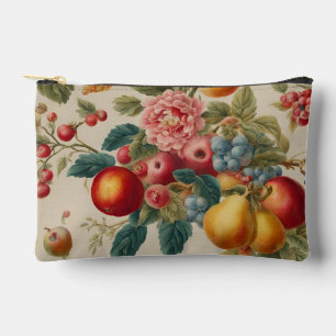 Apples, Pears, Grapes, Pink Flower. French Painted Accessory Pouch