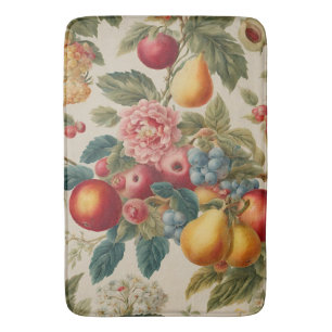 Apples, Pears, Grapes, Pink Flower. French Painted Bath Mat