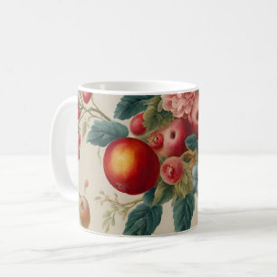 Apples, Pears, Grapes, Pink Flower. French Painted Coffee Mug