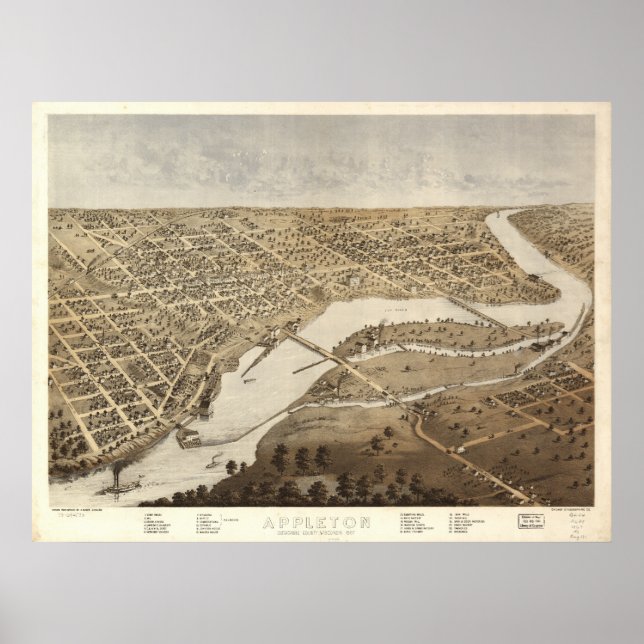 Appleton Wisconsin 1887 Antique Panoramic Map Poster (Front)