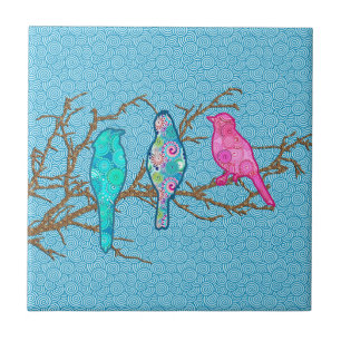 Applique Birds on a Branch, Sky Blue Multi Ceramic Tile
