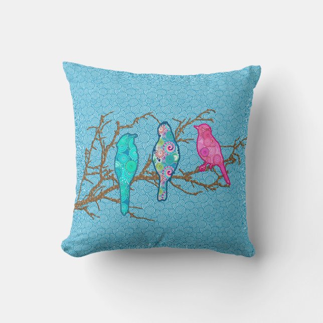 Applique Birds on a Branch, Sky Blue Multi Cushion (Front)