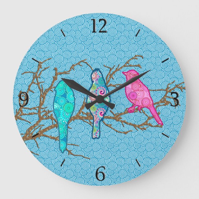 Applique Birds on a Branch, Sky Blue Multi Large C Clock (Front)