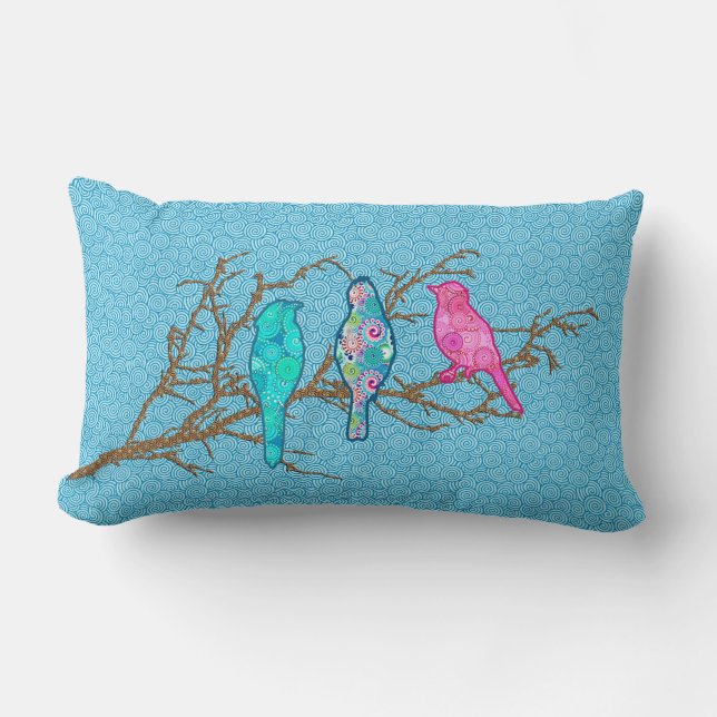 Applique Birds on a Branch, Sky Blue Multi Lumbar Cushion (Front)