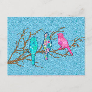 Applique Birds on a Branch, Sky Blue Multi Postcard