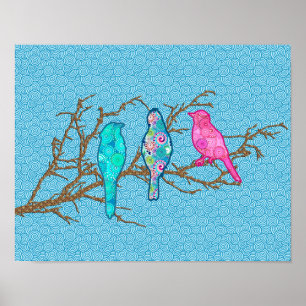 Applique Birds on a Branch, Sky Blue Multi Poster