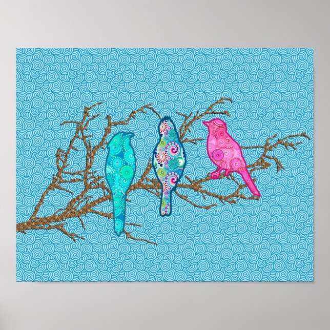 Applique Birds on a Branch, Sky Blue Multi Poster (Front)