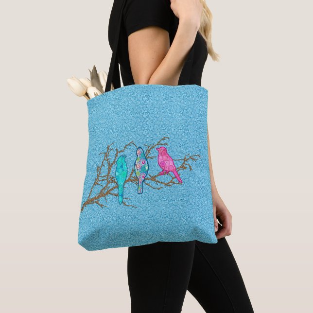 Applique Birds on a Branch, Sky Blue Multi Tote Bag (Close Up)