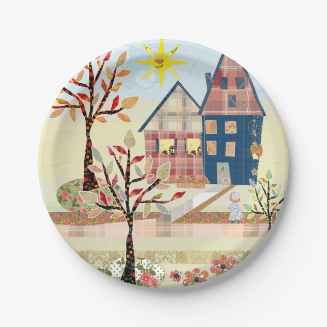 Applique, houses, village, patchwork, quilting, fl paper plate (Front)
