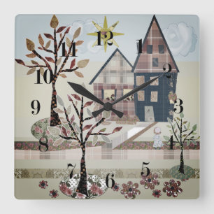 Applique, houses, village square wall clock