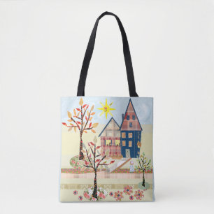 Applique, houses, village tote bag