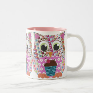 Appliqué Patch Pink Owl Two-Tone Coffee Mug