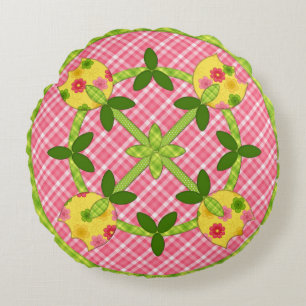 Applique Tulips Round Pillow, Pink-Green Cushion