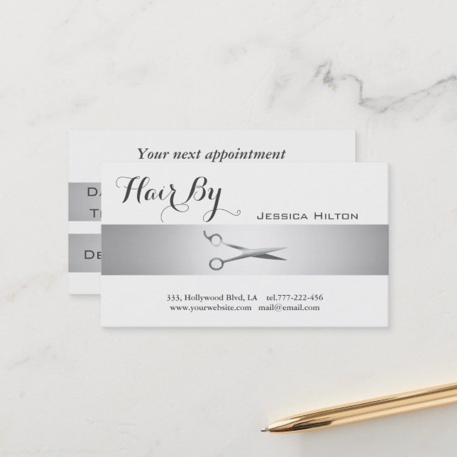 Appointment card elegant silvery stripe  scissors (Front/Back In Situ)