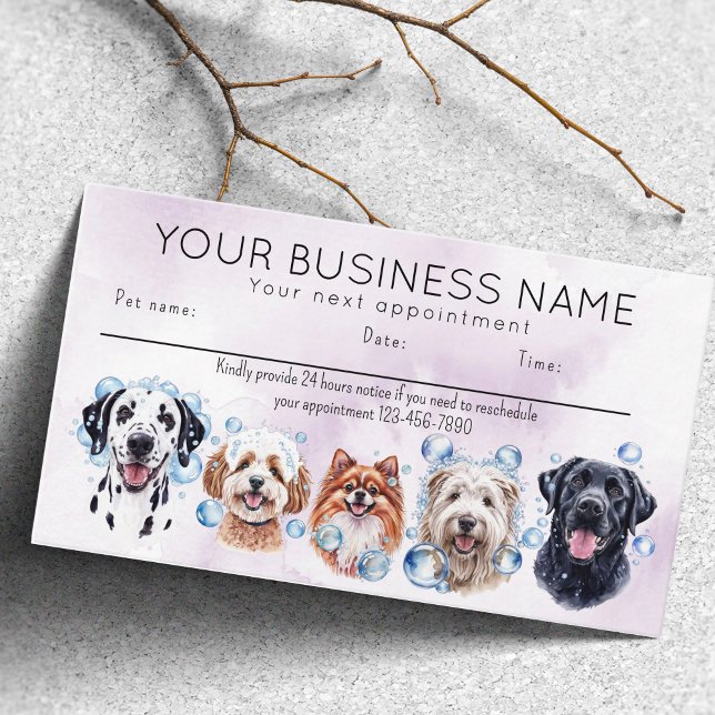 Appointment card watercolor dogs bubbles (Front - Appointment card dog grooming bathing dogs bubbles. happy dogs)