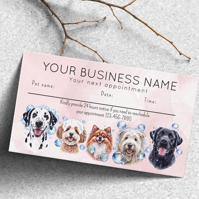 Appointment card watercolor dogs bubbles (Appointment card dog grooming bathing dogs bubbles. happy dogs)