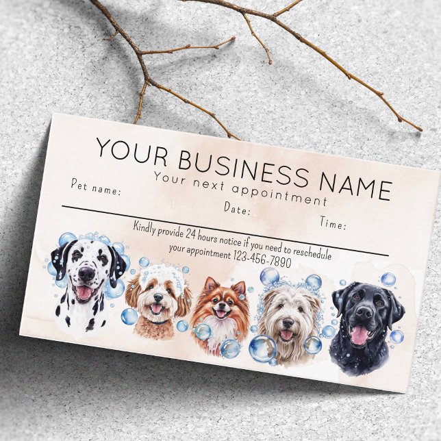 Appointment card watercolor dogs bubbles (Appointment card dog grooming bathing dogs bubbles. happy dogs)