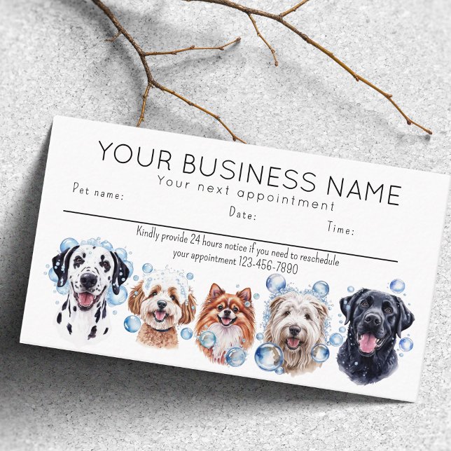 Appointment card watercolor dogs bubbles, white (Appointment card dog grooming bathing dogs bubbles. happy dogs)