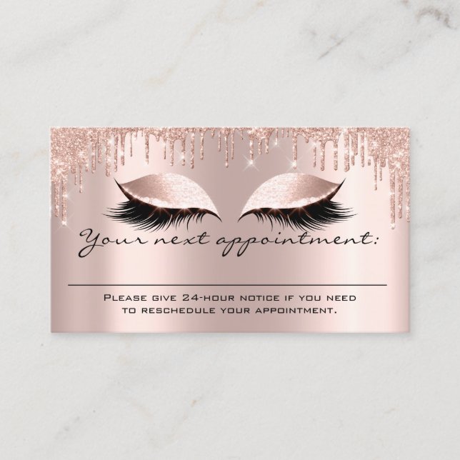 Appointment Reminder Rose Blush Glitter Lashes Business Card (Front)