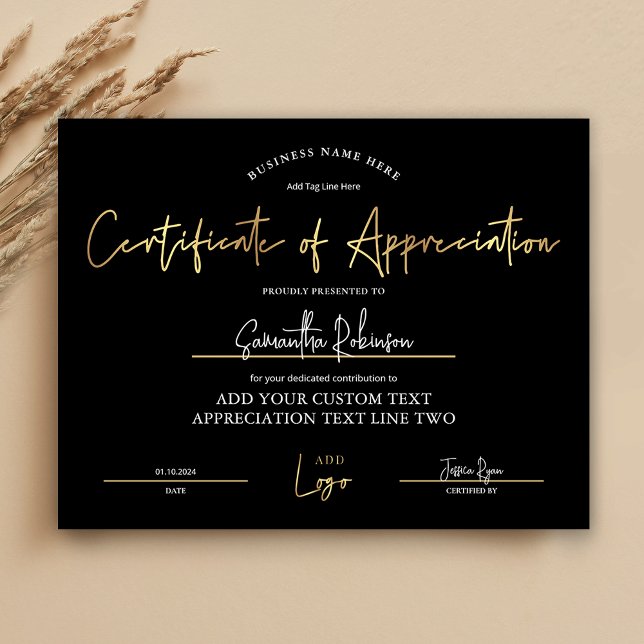 Appreciation Certificate Black Gold Diploma Award (Elegant black and gold Certificate of Appreciation award with space for your logo and custom text)