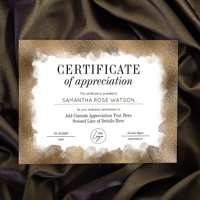 Appreciation Certificate Modern Gold Glitter Award (Elegant gold glitter effect Certificate of Appreciation professional business award)