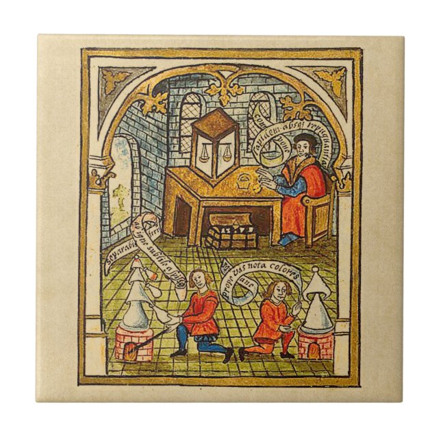 Apprentices in a Mediaeval Laboratory Tile (Front)
