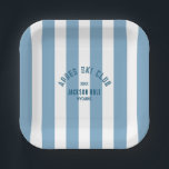 Apres Ski Club Retro Blue Cabana Stripe Ski Party Paper Plate<br><div class="desc">Apres Ski Club square paper plates are perfect for your gathering on the slopes, by the hot tub or in the lodge... Retro blue cabana stripes with navy distressed custom ski club crest. Personalise with the details of your gathering... year, resort and destination. Perfect for a family or friends ski...</div>