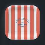Apres Ski Club Retro Red Cabana Stripe Ski Party Paper Plate<br><div class="desc">Apres Ski Club square paper plates are perfect for your gathering on the slopes, by the hot tub or in the lodge... Retro red cabana stripes with navy distressed custom ski club crest. Personalise with the details of your gathering... year, resort and destination. Perfect for a family or friends ski...</div>